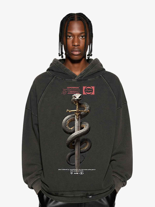 Vintage Washed Snake Staff Graphic Hoodie