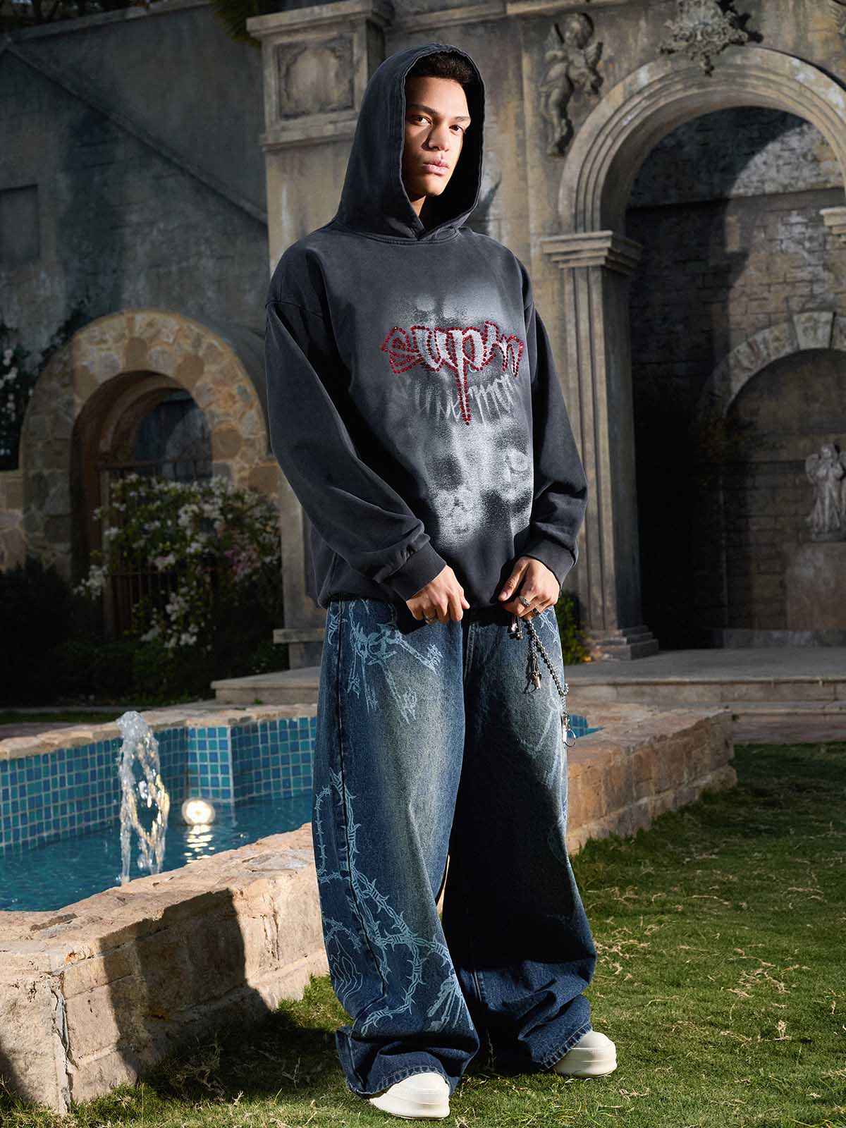 Rhinestone Letter Airbrush Graphic Pullover Hoodie