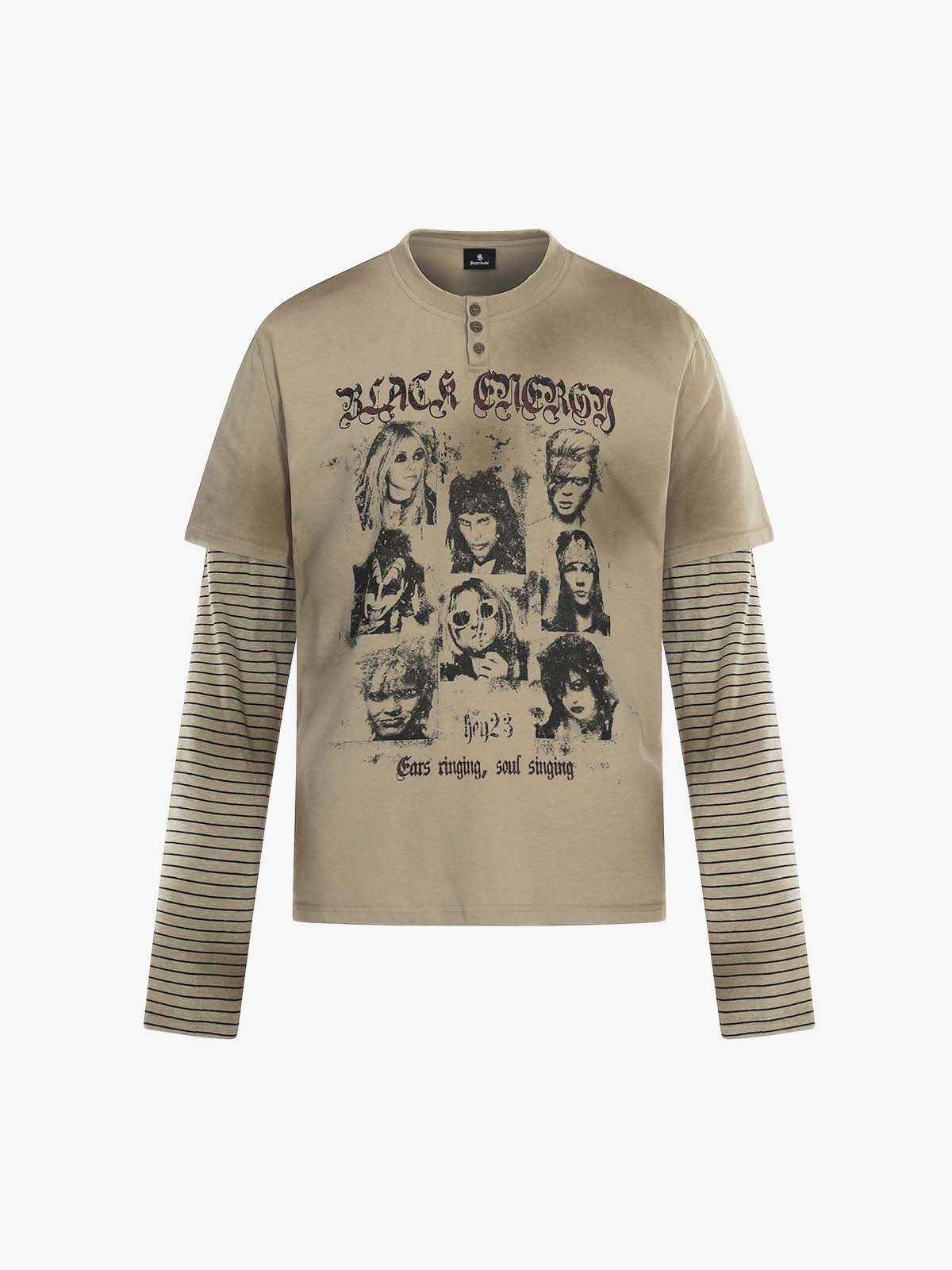 Vintage Band Portrait Graphic Layered Henley T-Shirt