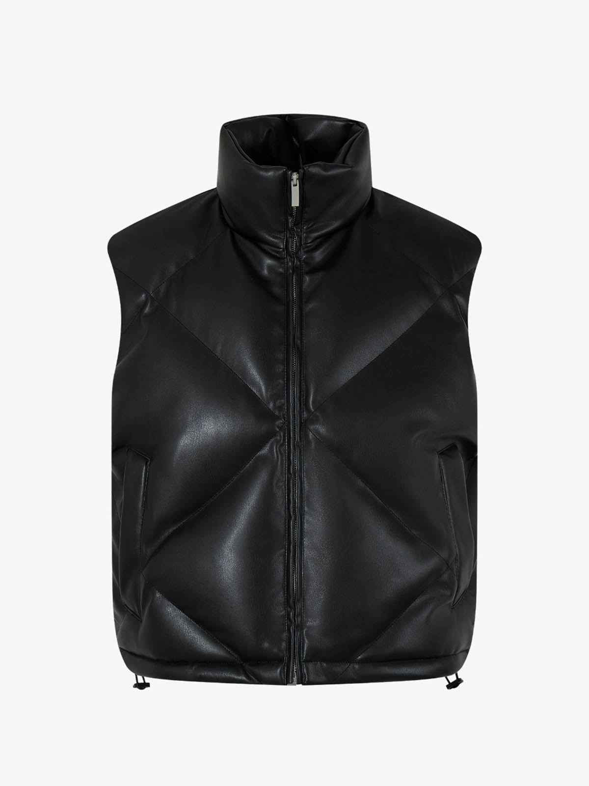 Minimalist Faux Leather Stand Collar Puffer Vest