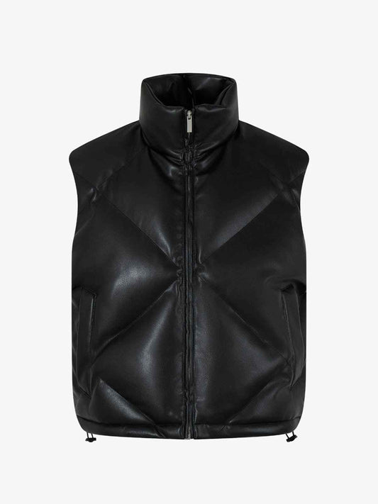 Minimalist Faux Leather Stand Collar Puffer Vest