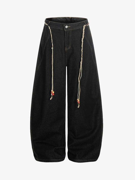 Rope Detail Waist Wide Leg Denim Jeans