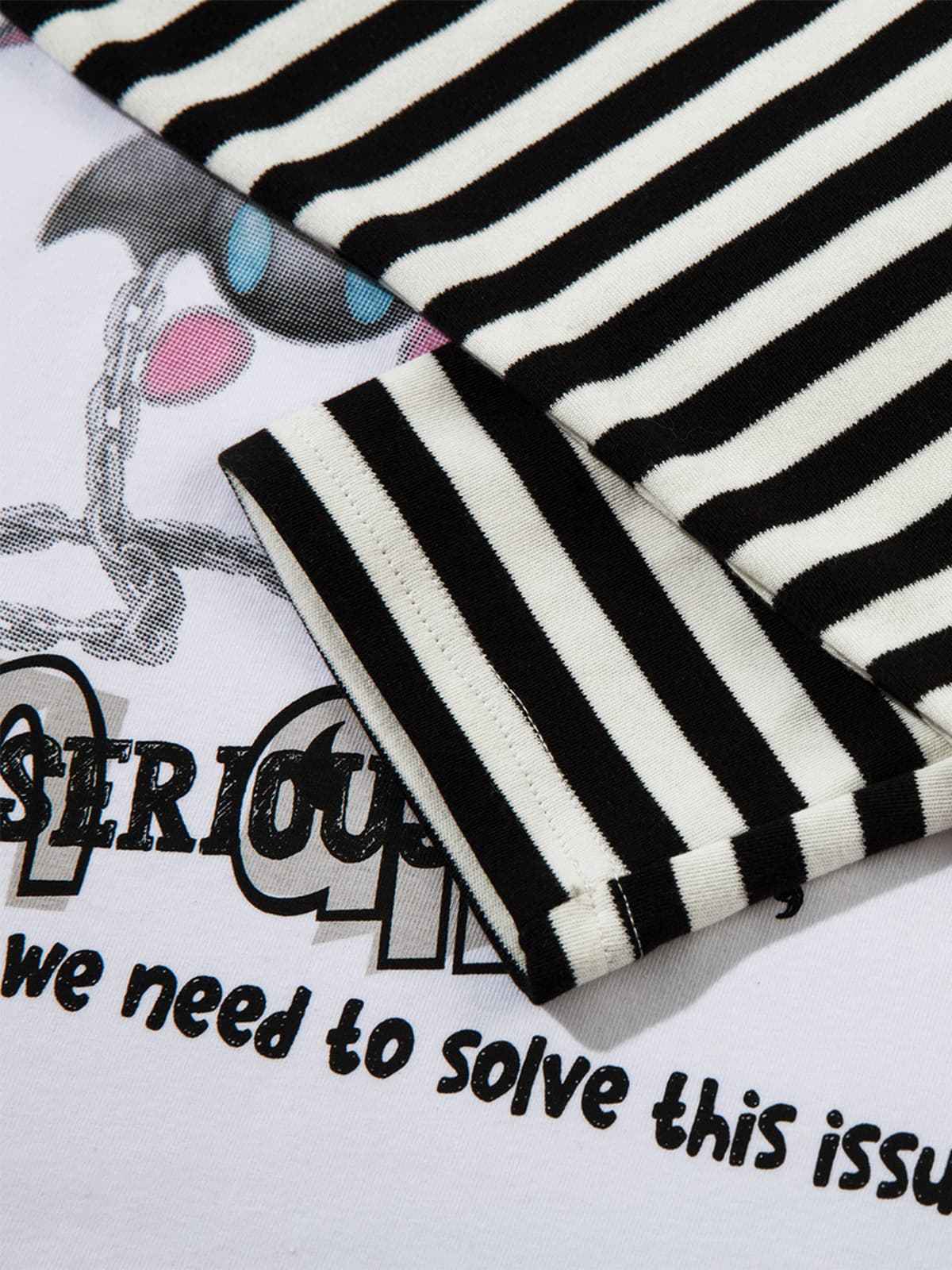 Cartoon Print Striped Sleeve Faux Two-Piece Long-Sleeve T-Shirt