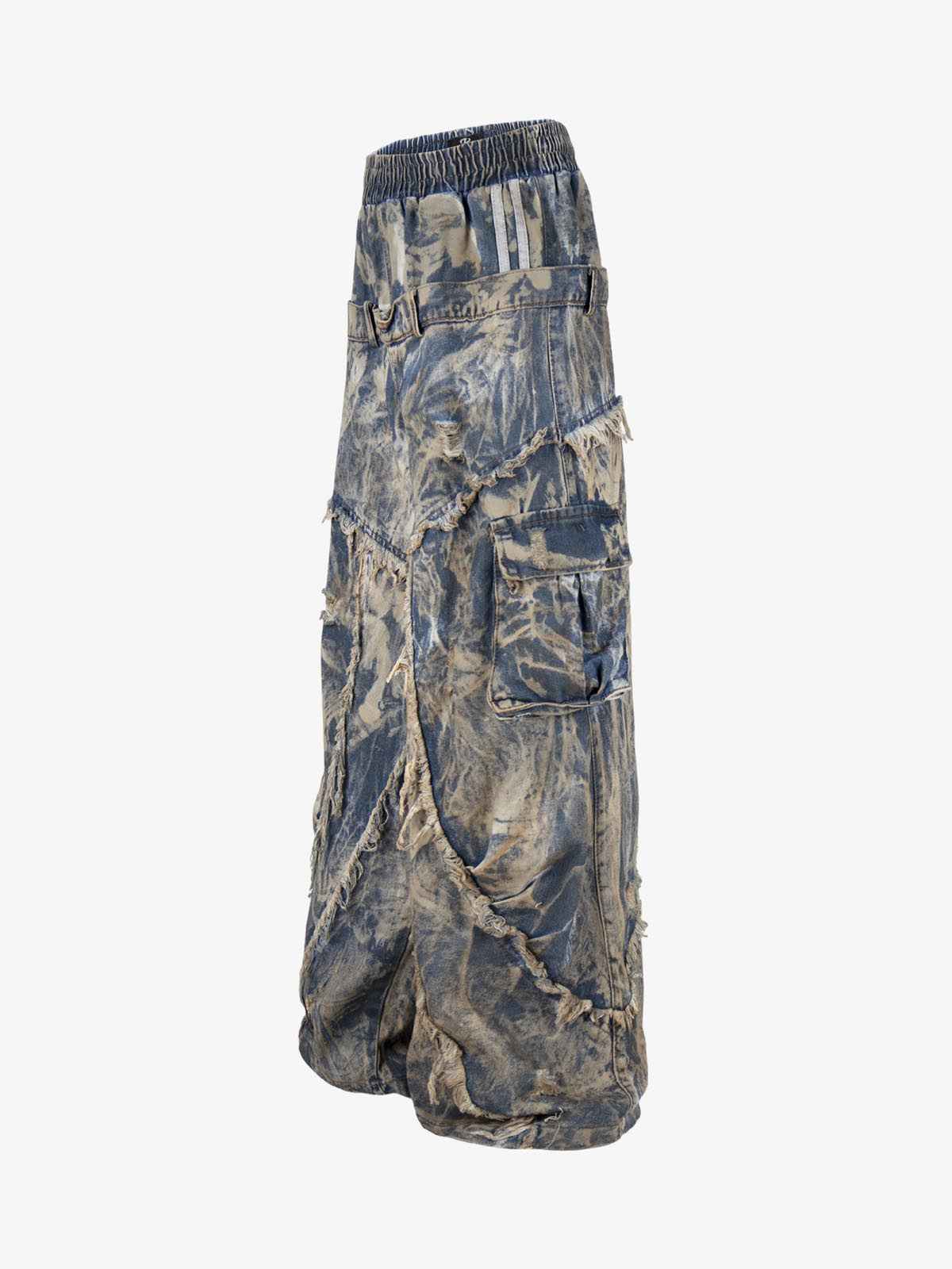 Double Waistband Acid Wash Patchwork Cargo Jeans