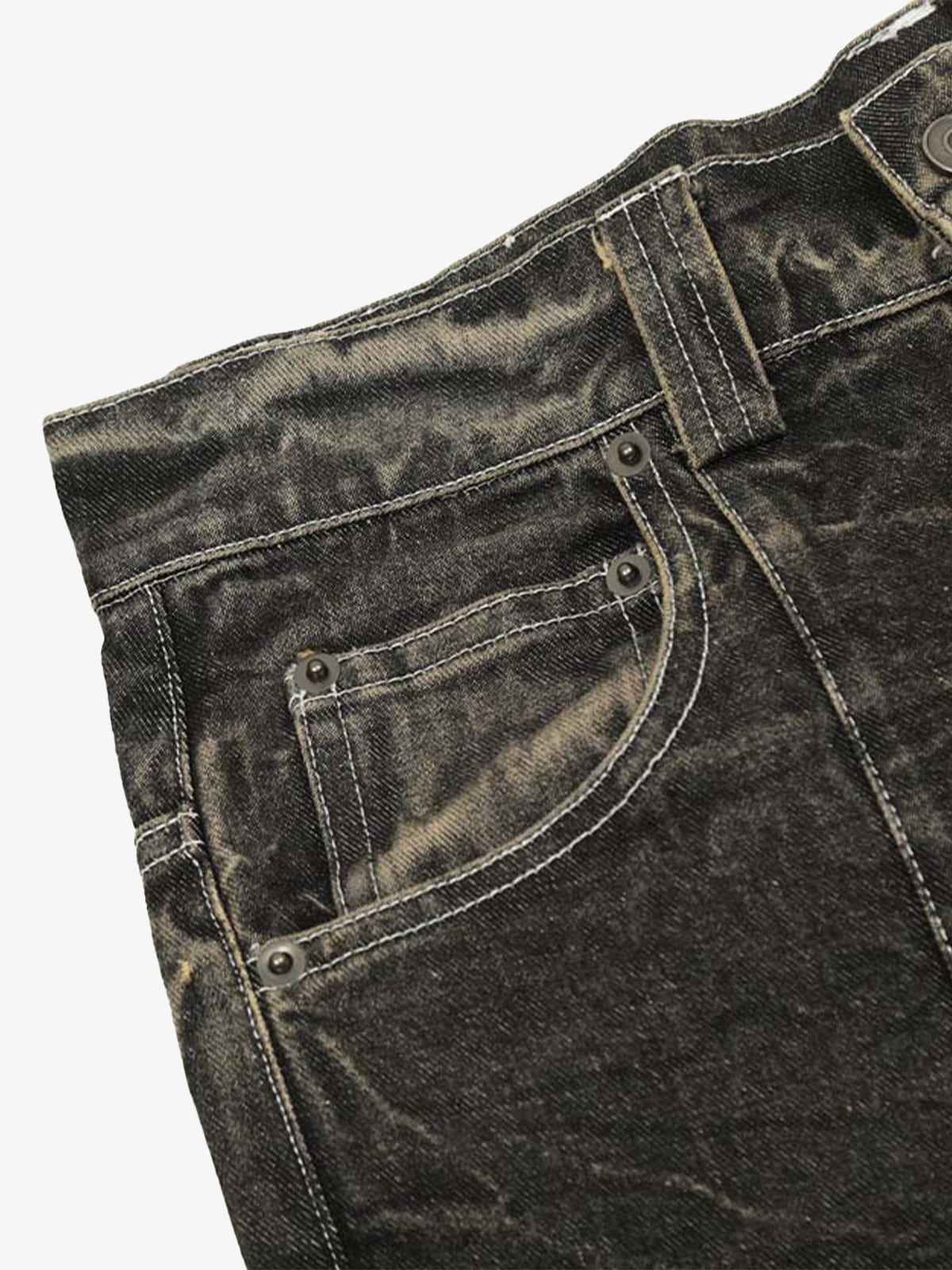 Distressed Texture Washed Straight-Leg Jeans