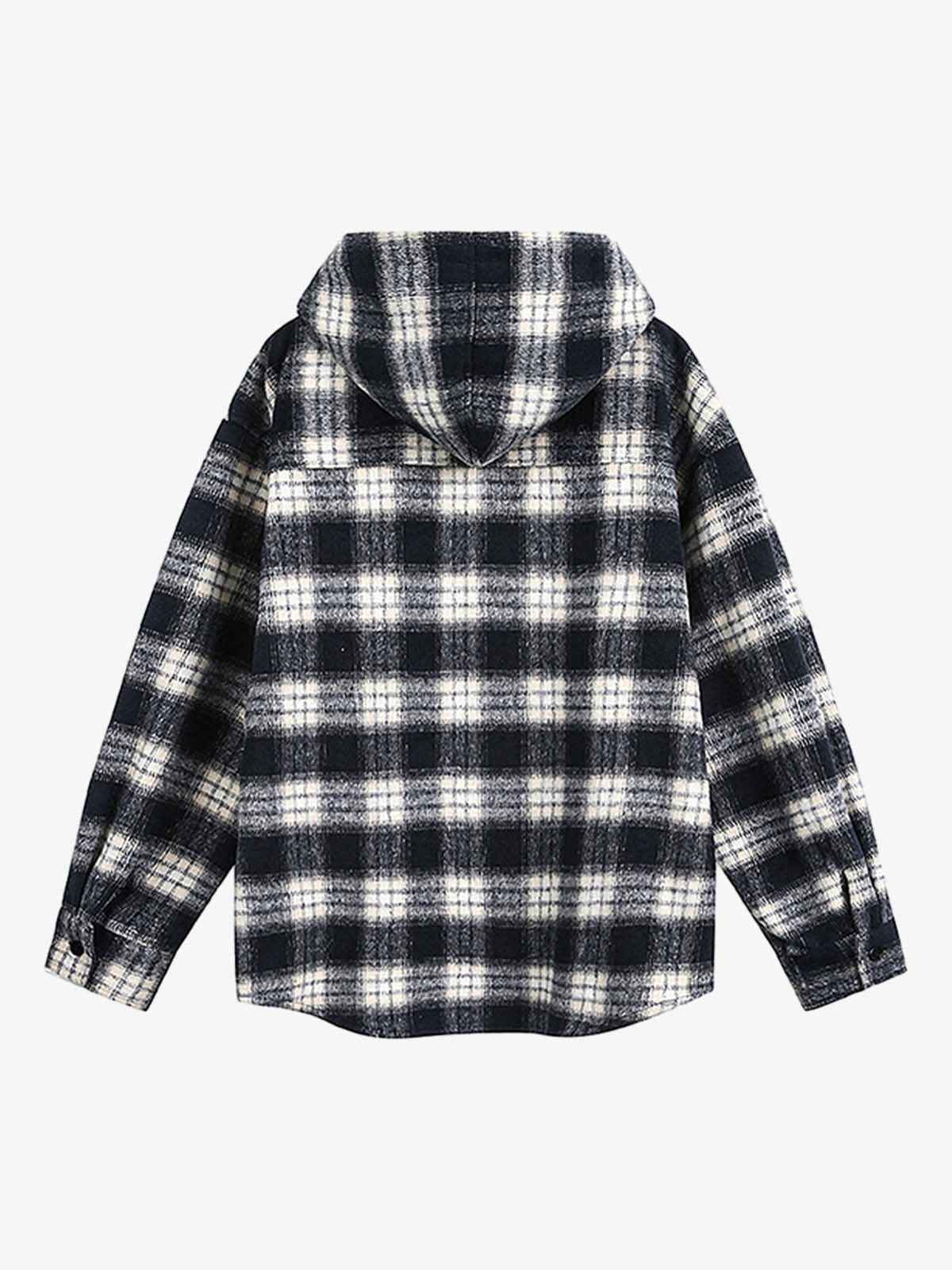 Vintage Black And White Plaid Angel Embroidered Hooded Shirt