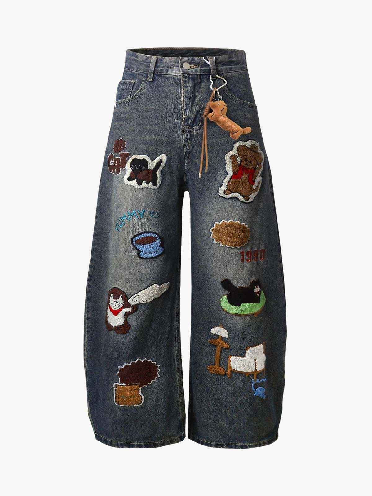 Retro Cartoon Graphic Heavy Embroidery Barrel Jeans - 2562