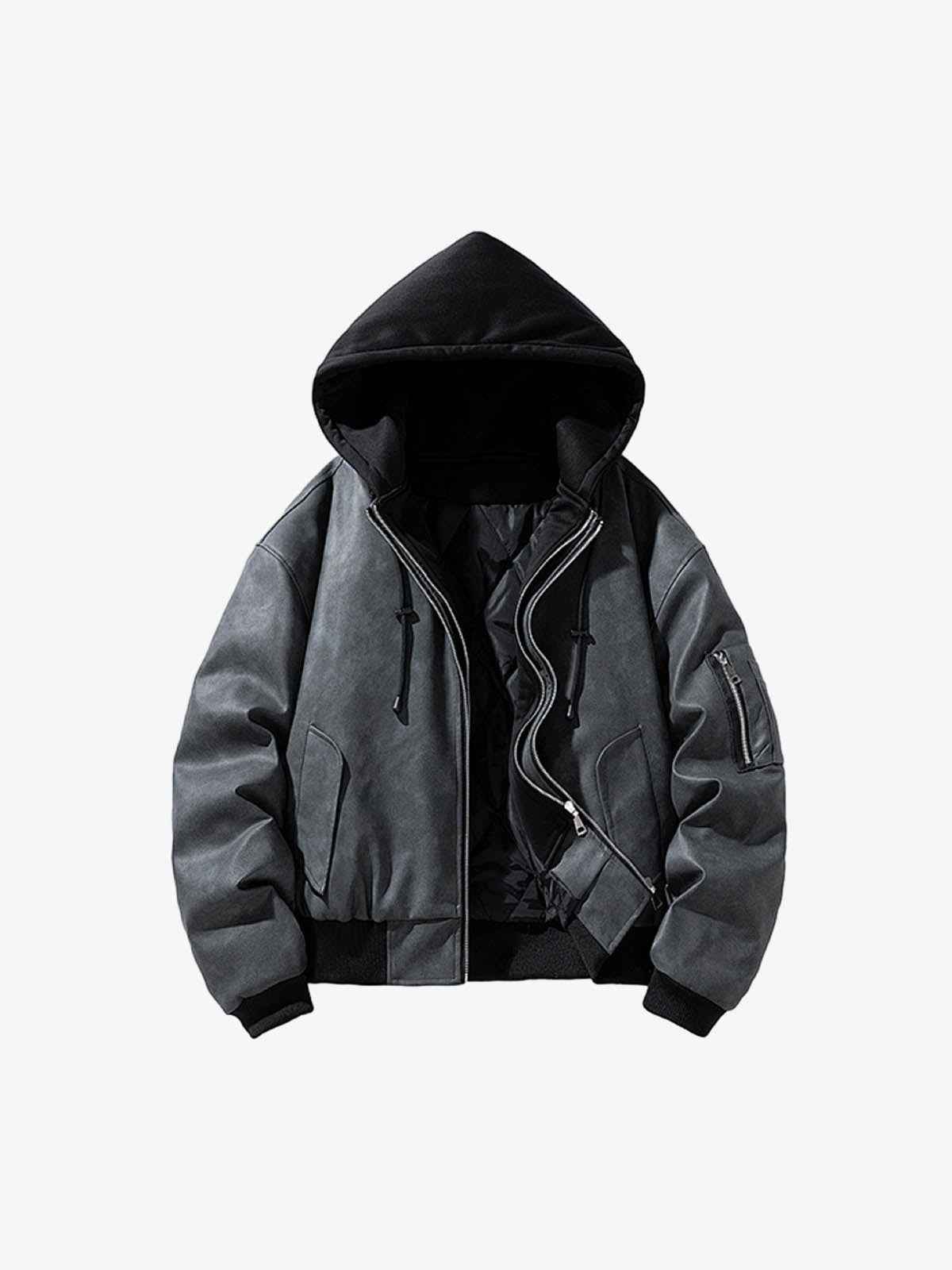 Retro Leather Faux Two-Piece Hooded Padded Bomber Jacket