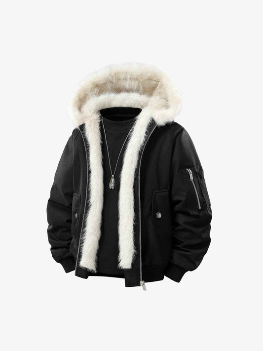 Retro Contrast Fur Collar Quilted Cotton Bomber Jacket