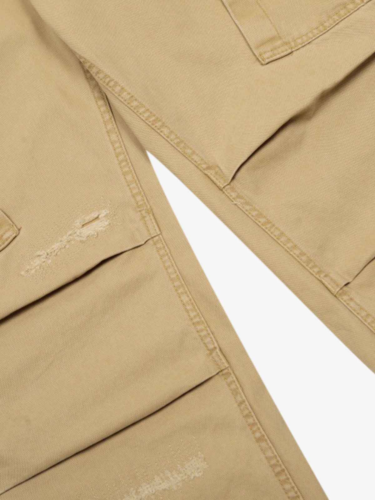 Cotton Hole Patch Pleated Multi-Pocket Cargo Casual Pants