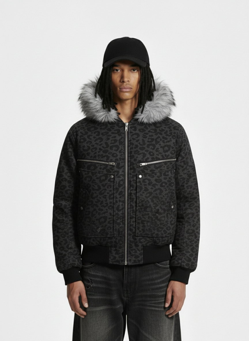 Retro Faux Fur Trimmed Hood Leopard Print Bomber Jacket - Luxuryurbanwear
