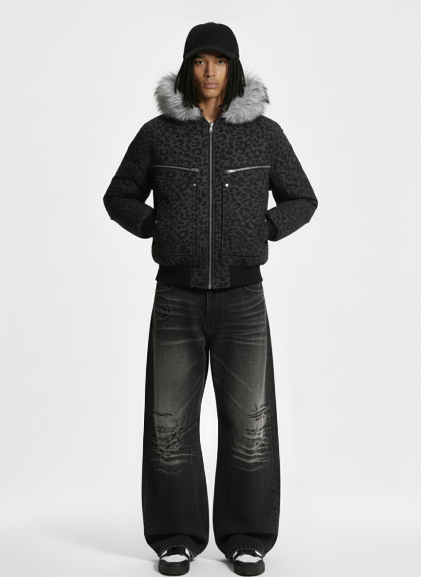 Retro Faux Fur Trimmed Hood Leopard Print Bomber Jacket - Luxuryurbanwear