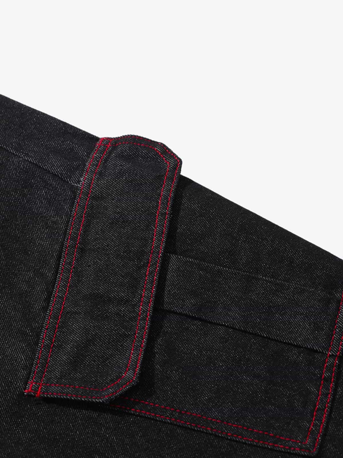 Retro Red Contrast Stitching Pocket Barrel Jeans - Luxuryurbanwear