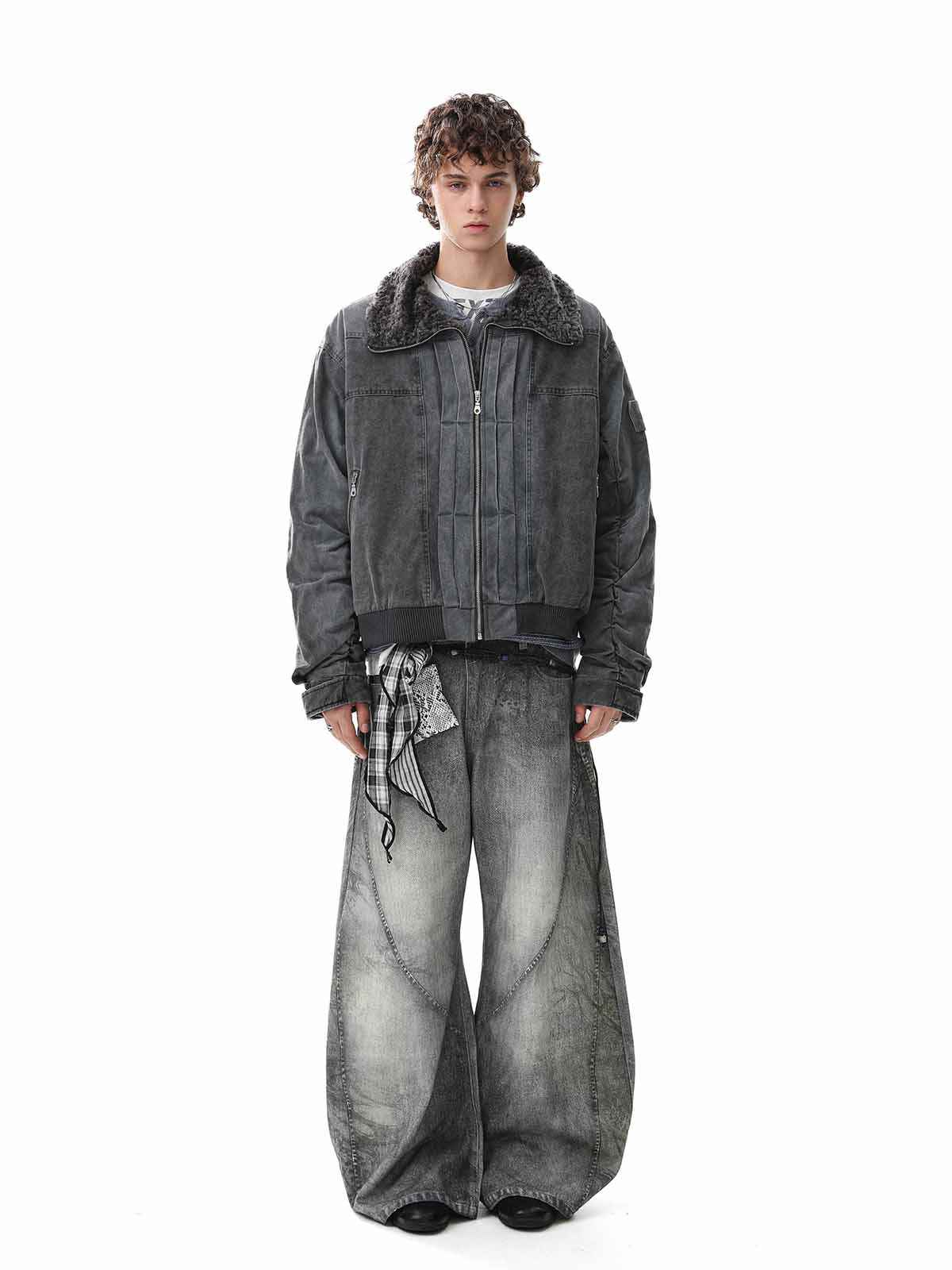 Vintage Distressed Pleated Shearling Collar Fleece Jacket