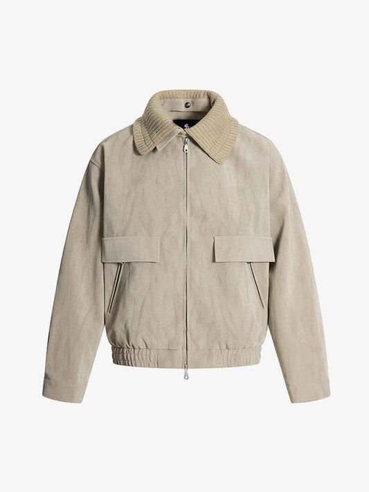 Detachable Knit Collar Zip Up Pocket Jacket