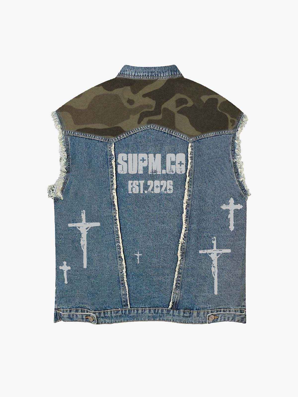 Distressed Camo Patchwork Sleeveless Denim Vest