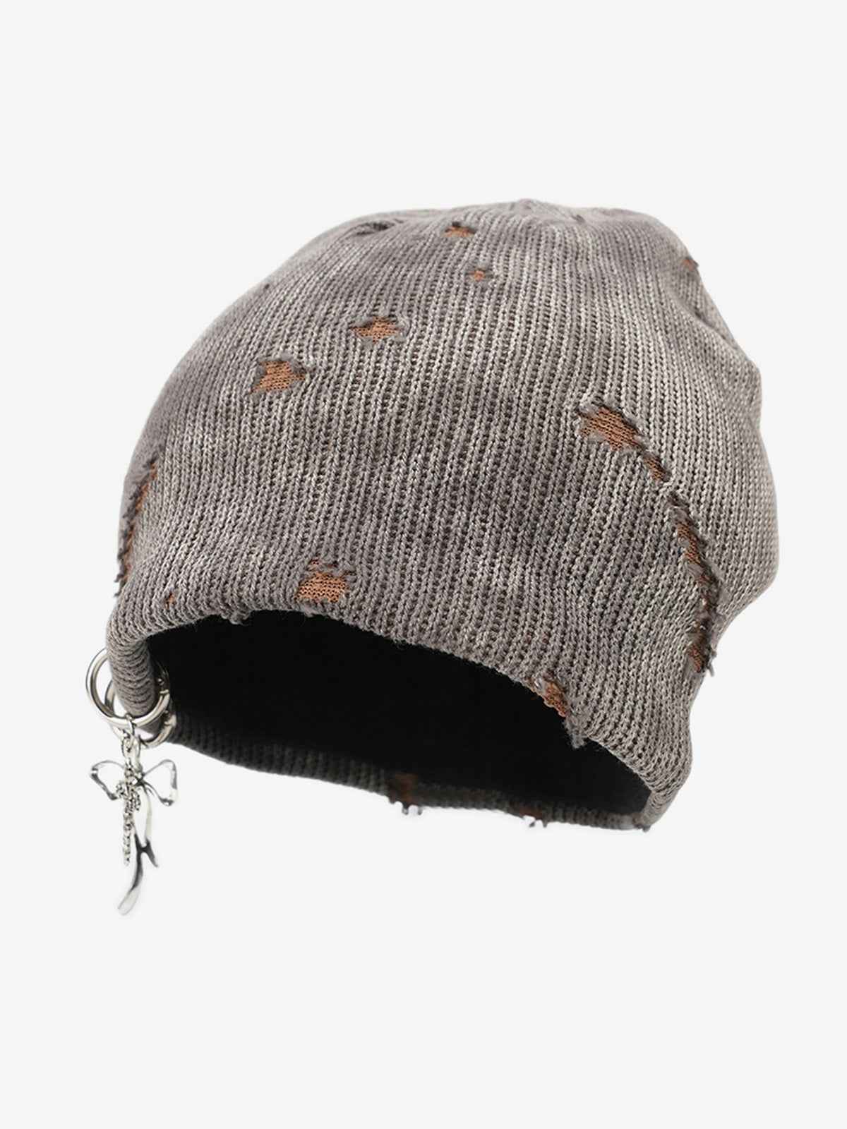 Retro Wasteland Style Distressed Knit Hanging Charm Beanie