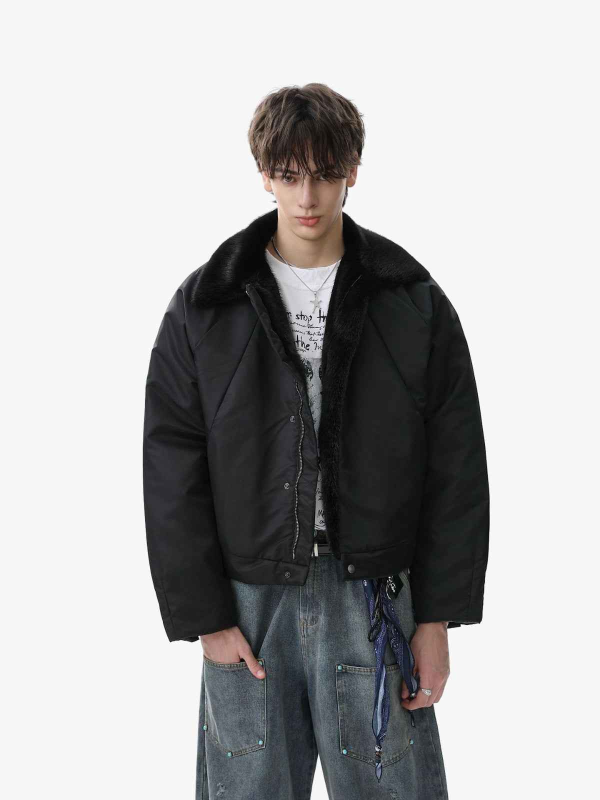 Deconstructed Patchwork Fur Collar Bomber Jacket