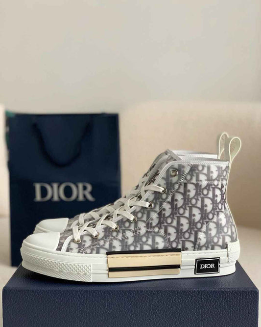 Dior B23 High-Top Sneaker in White & Grey Dior Oblique Transparent Technical Canvas