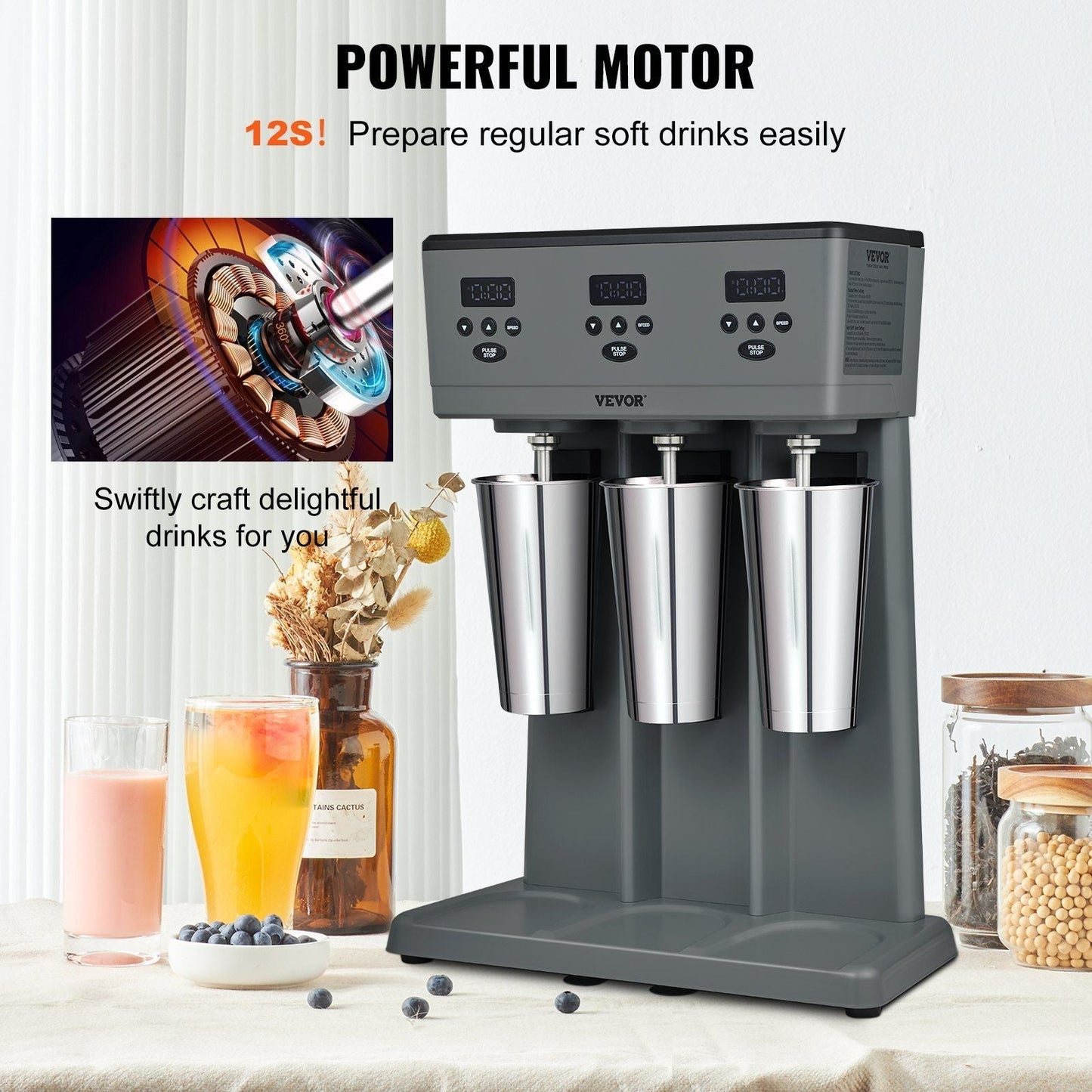 VEVOR Milkshake Maker, 375W x 3 Electric Milkshake Machine, Commercial Triple Heads Drink Mixer Blender, LED Intelligent Microswitch, 3-Speed Milkshake Mixer with 3 x 820 ml Stainless Steel Cups