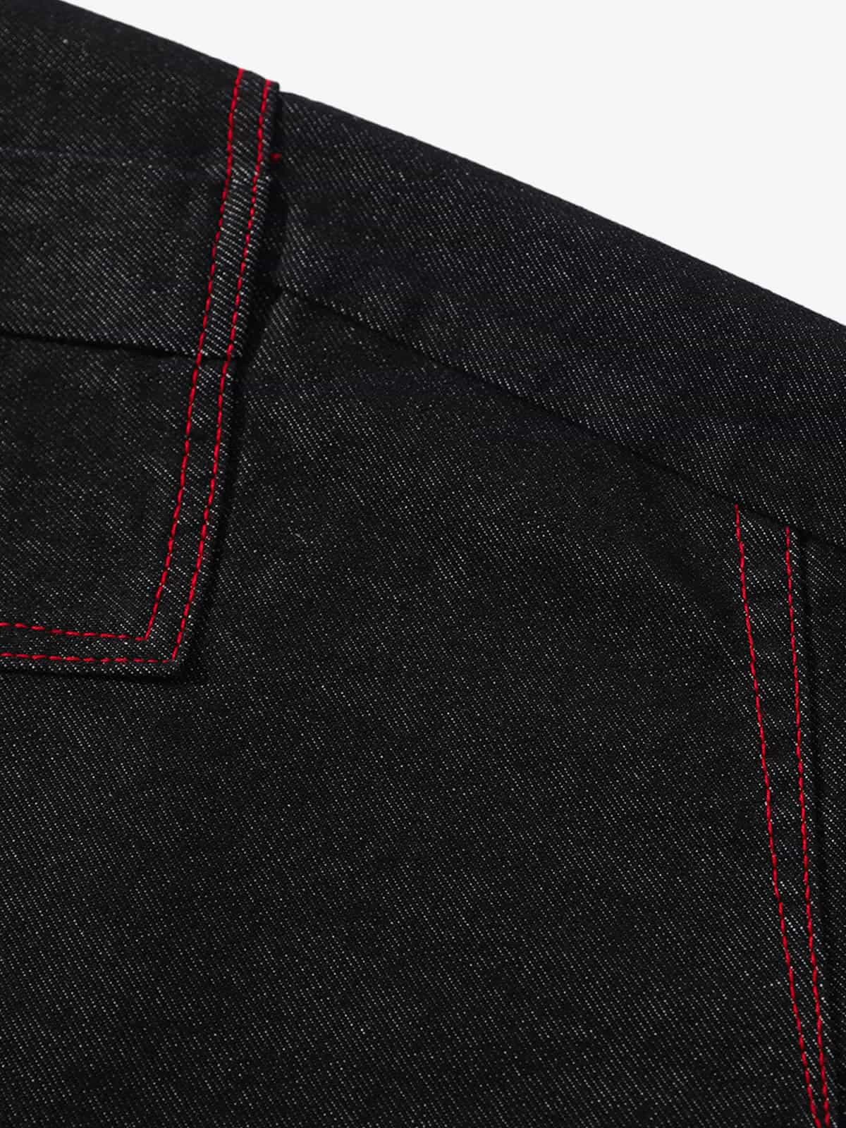 Retro Red Contrast Stitching Pocket Barrel Jeans - Luxuryurbanwear