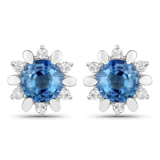 1.87 Carat Genuine Blue Sapphire and White Diamond 14K White Gold Earrings
