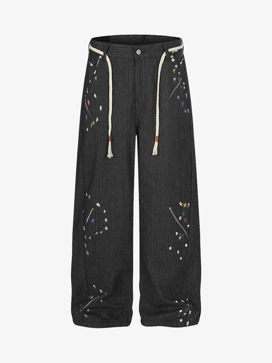 Street Contrast Artistic Graffiti Drawstring Jeans