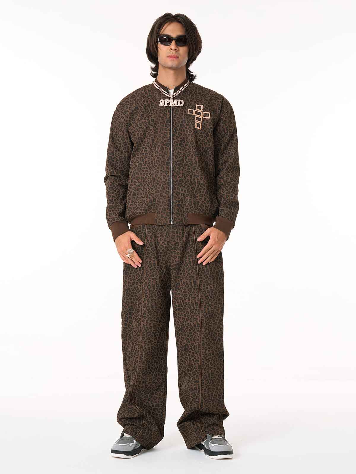 SUPM Graffiti Print Leather Leopard Print Baggy Pants