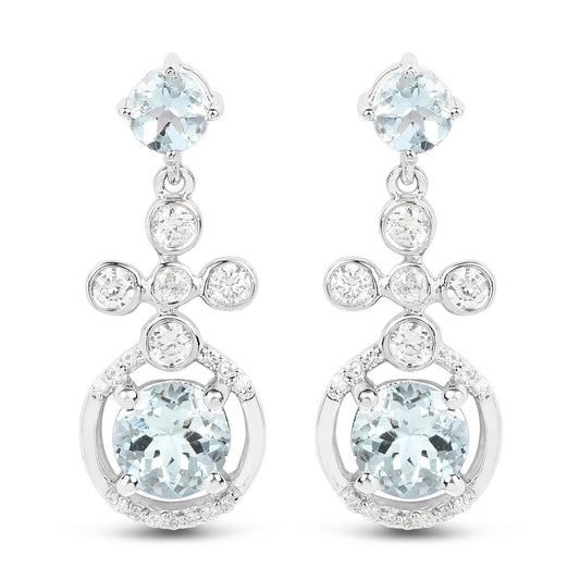 4.42 Carat Genuine Aquamarine and White Zircon .925 Sterling Silver Earrings