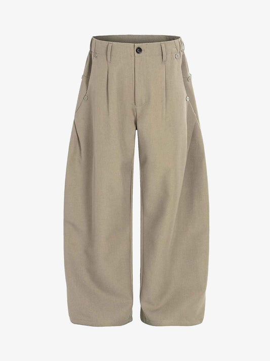 Structured Panel Pleated Wide Leg Barrel Pants