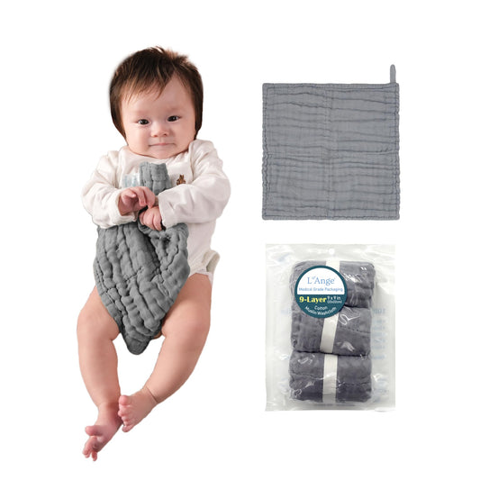 LAnge Baby Washcloths and Burp Cloths Set - 3 Pack of 9 Layer 100% Cotton Muslin for Sensitive Skin - Super Absorbent - Medical Grade Packaging for Infants Newborns and Toddlers- 9x9 - Dove Gray