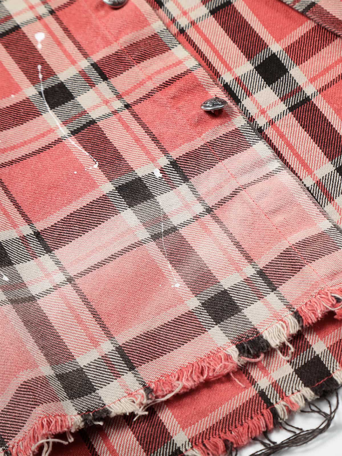 Paint Splatter Plaid Frayed Hem Button Up Shirt - Luxuryurbanwear