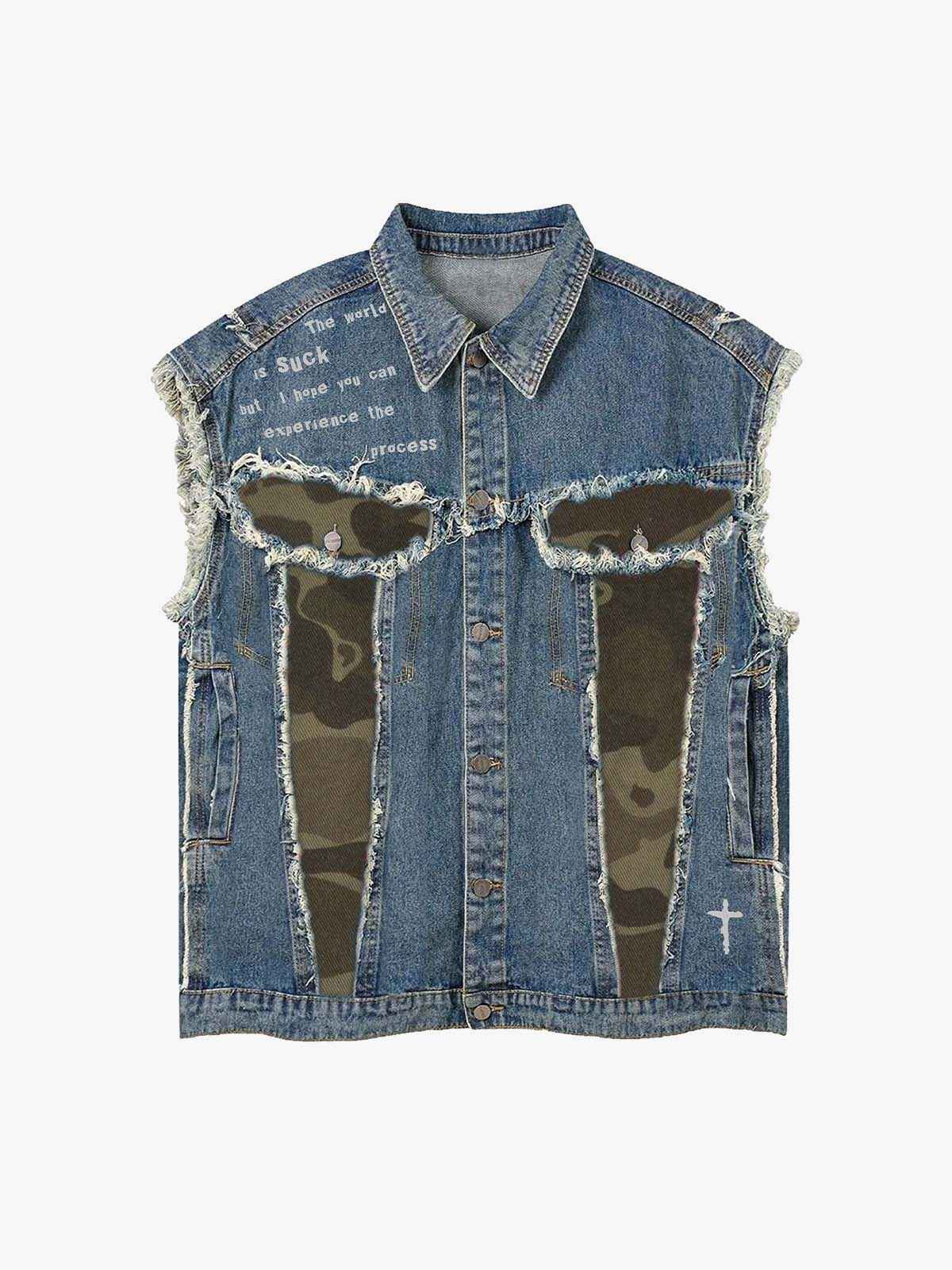 Distressed Camo Patchwork Sleeveless Denim Vest