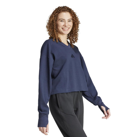 adidas Womens All SZN Ribbed V-Neck Sweatshirt Ink