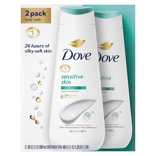 Dove Body Wash Sensitive Skin 2 Count Hypoallergenic and Sulfate Free Body Wash Effectively Washes Away Bacteria While Nourishing Your Skin 20 oz