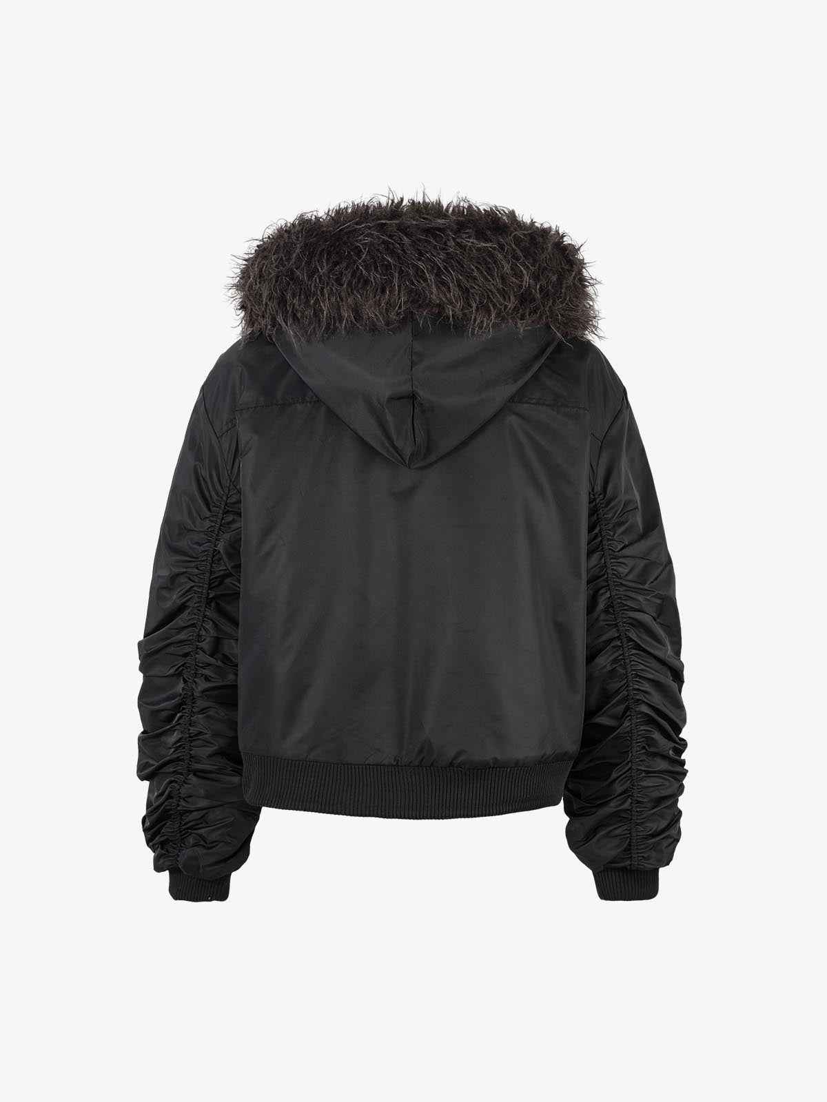 Detachable Faux Fur Collar Ruched Sleeve Bomber Jacket
