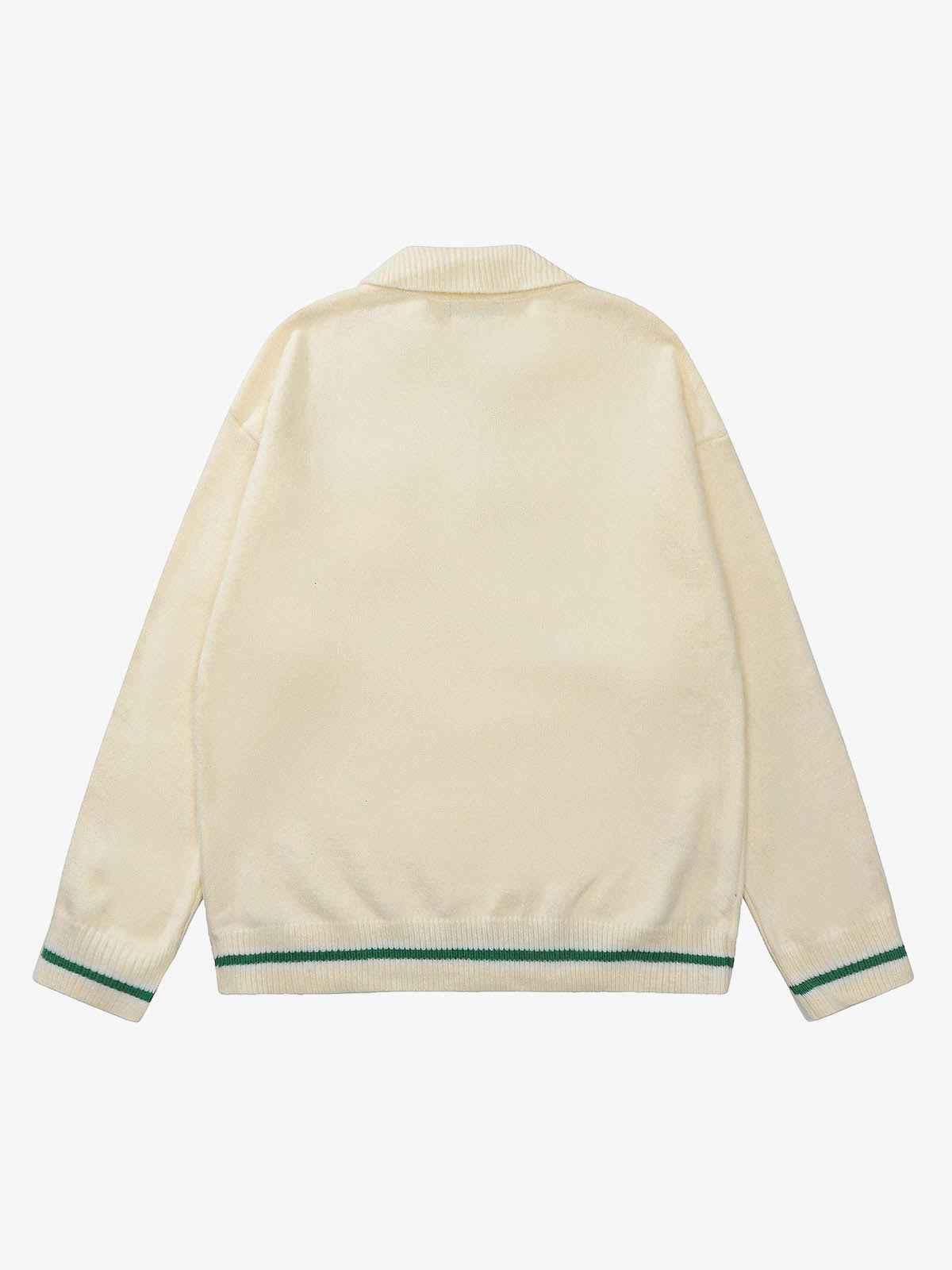 Retro Striped Contrast Panel Button-Up Collar Sweater