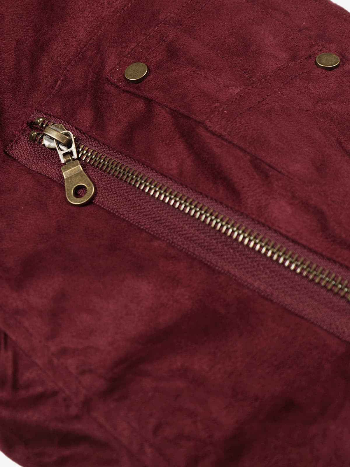 Retro Suede Faux Fur Collar Fleece Lined Bomber Jacket