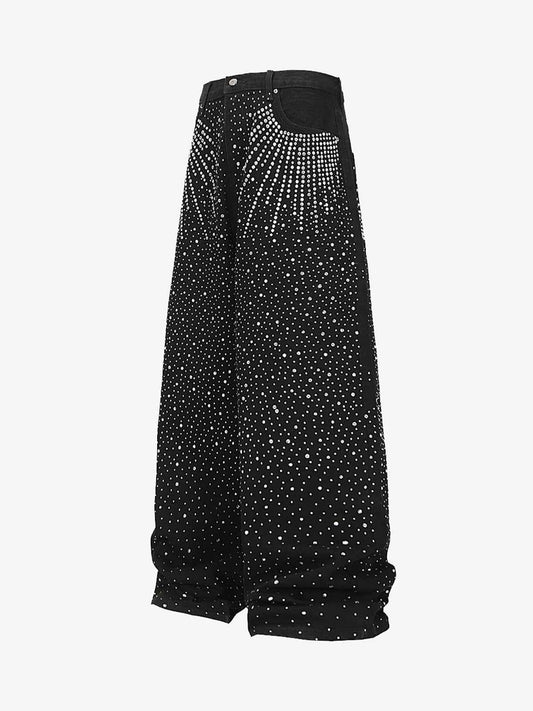 Retro Denim Full Rhinestone Design Baggy Jeans - 2545