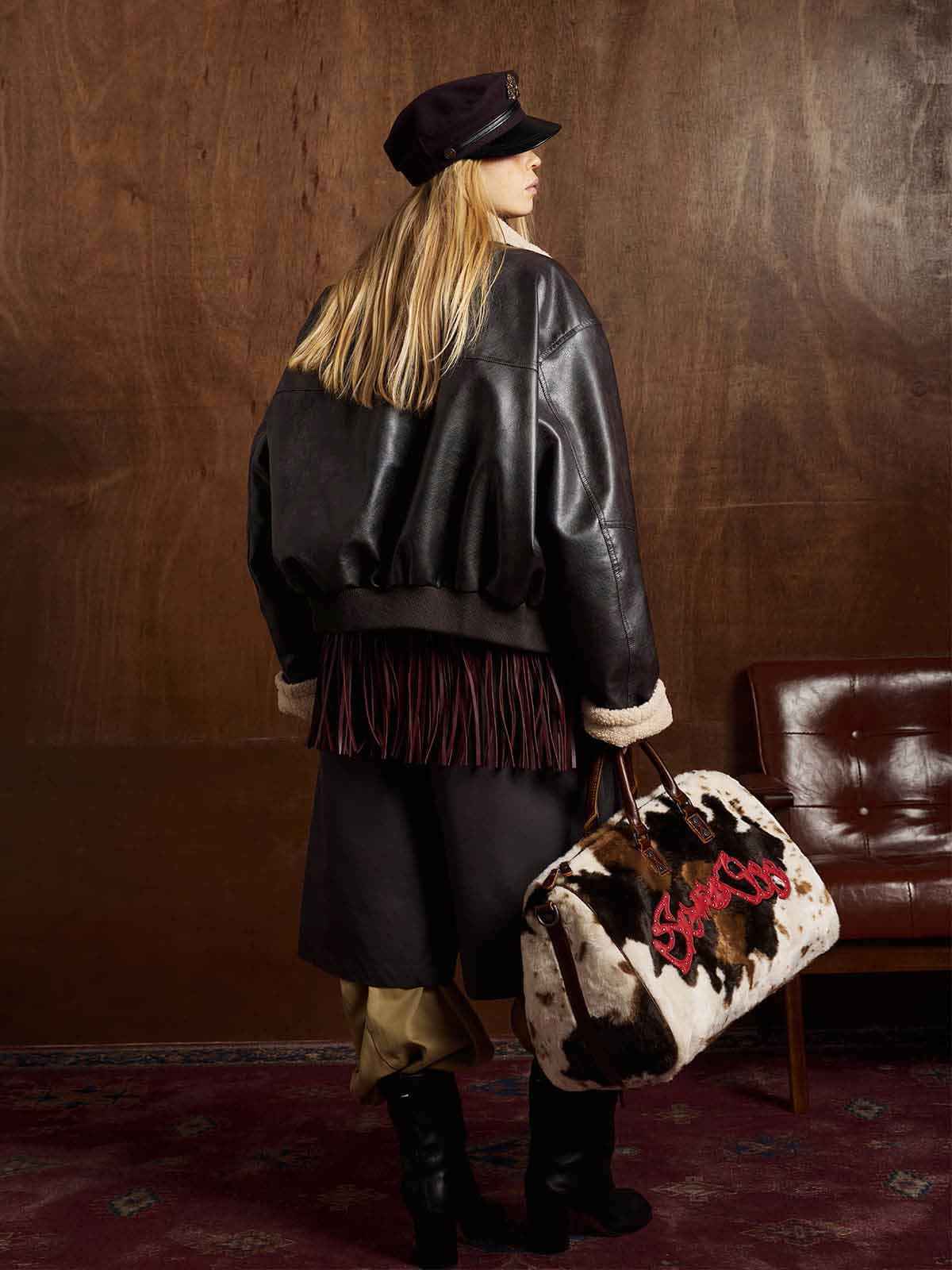 Vintage Shearling Collar Quilted Leather Jacket