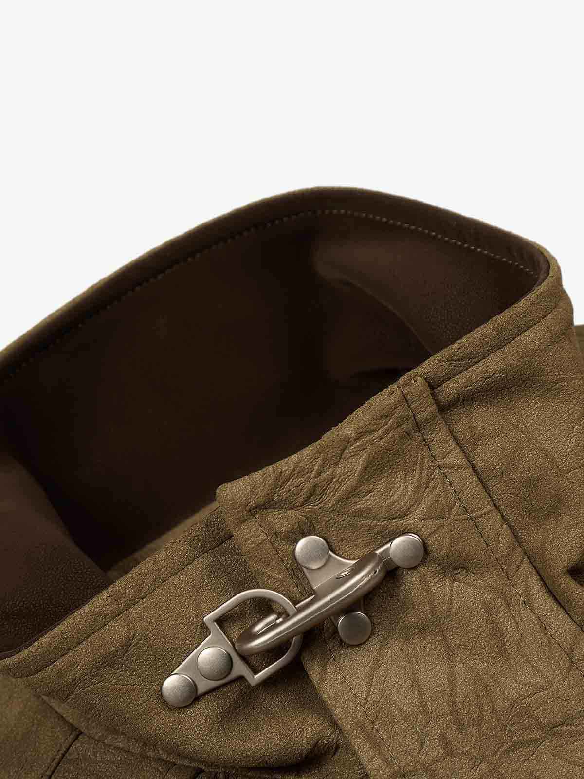 Textured Faux Leather Stand Collar Metal Buckle Jacket