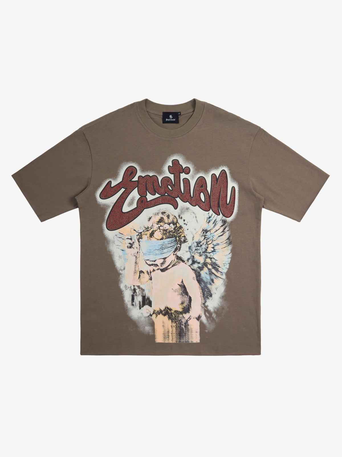 Retro Blindfold Angel Rhinestone Letter Graphic T-Shirt