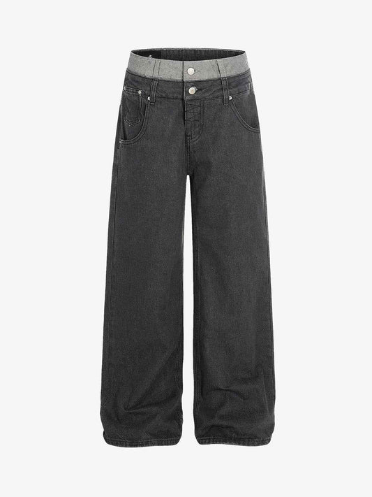 Vintage Washed Layered Waist Wide Leg Denim Jeans