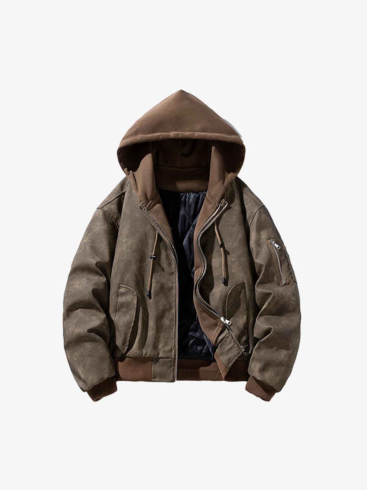 Retro Leather Faux Two-Piece Hooded Padded Bomber Jacket
