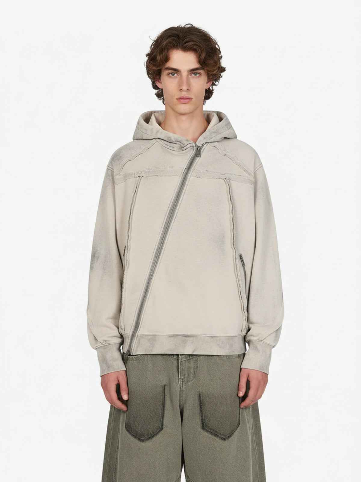 Retro Asymmetric Zip Up Deconstructed Hoodie