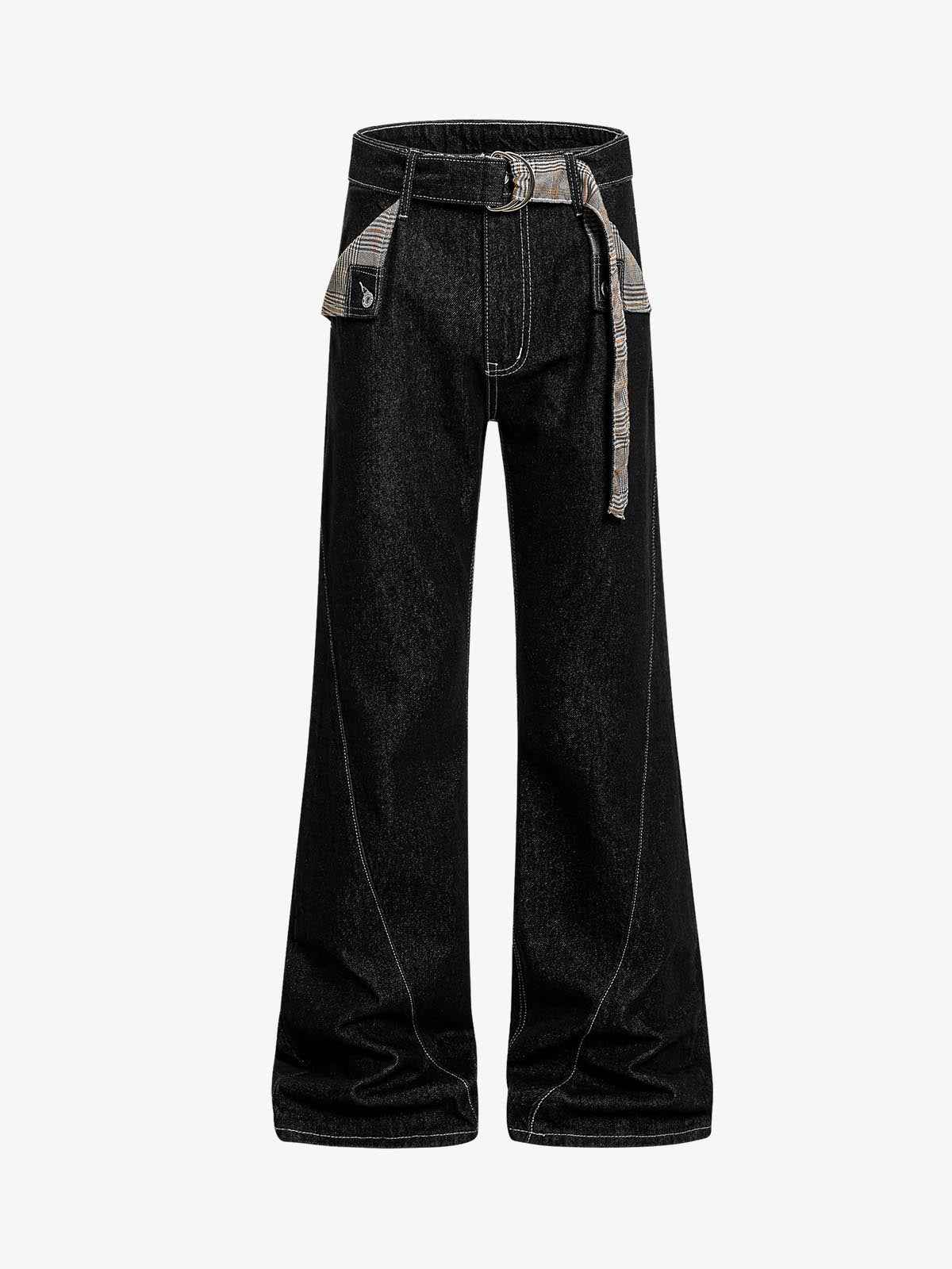 Vintage Plaid-Trim Tape-Belt Jeans