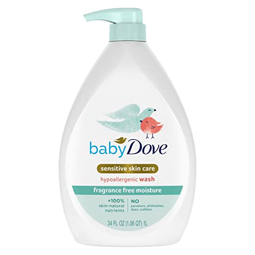 Baby Dove Sensitive Skin Care Baby Wash Fragrance Free Moisture For Baby Bath Time Fragrance Free and Hypoallergenic Washes Away Bacteria 34 oz (Pack of 1)