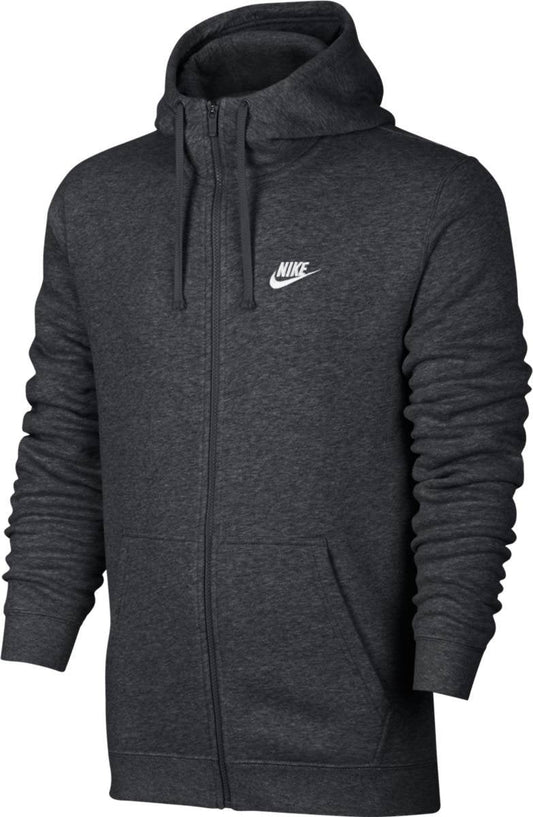 Nike Mens Sportswear Full Zip Club Hoodie Charcoal Heather/Charcoal Heather/White Small Tall