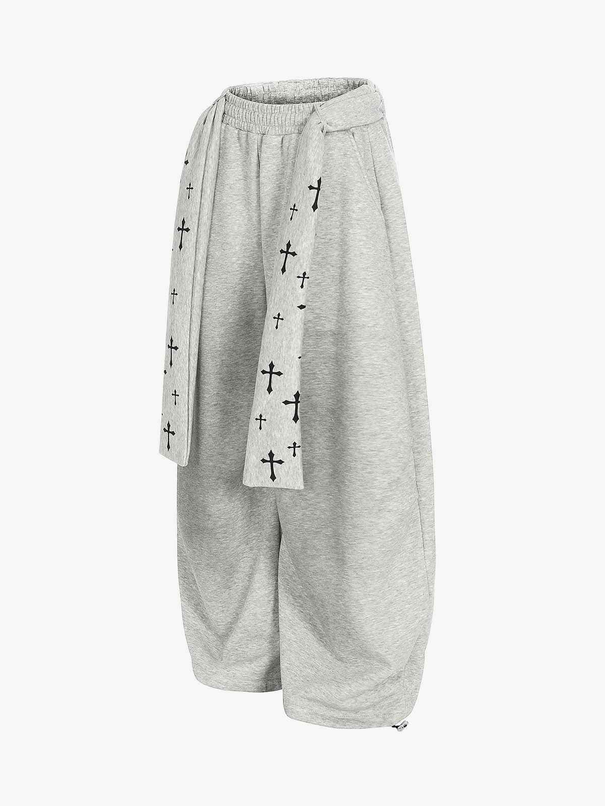 Cross Print Long Tie Detail Baggy Sweatpants