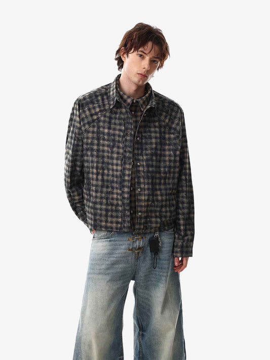Vintage Washed Plaid Cropped Shirt Jacket
